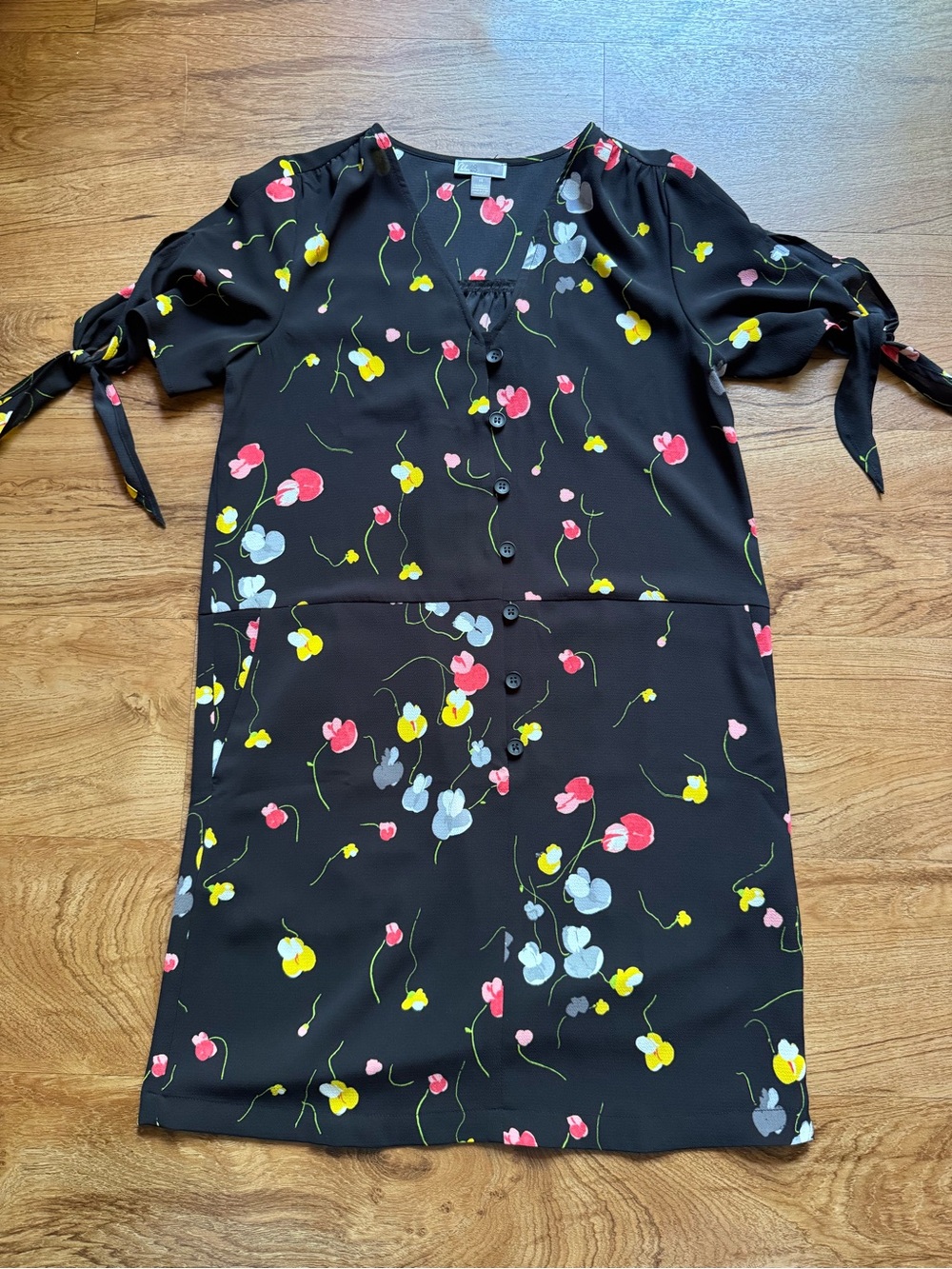 Chelsea28 Black Floral Mini Dress with Pink Yellow and Gray Blossoms